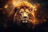 Fototapeta Dziecięca - Lion king animal of nature with  dark golden background.. Generative Ai.