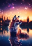 Fototapeta Dziecięca - Fox animal with bokeh dark sunset background, night colorful nature. Generative Ai.
