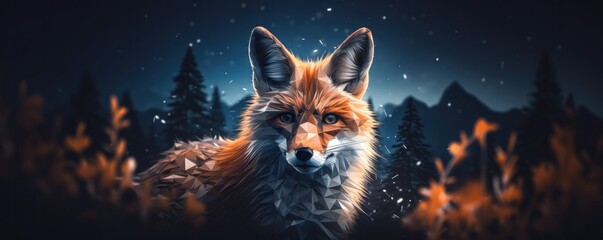 Canvas Print - Fox animal with bokeh dark sunset background, night nature panorama. Generative Ai.