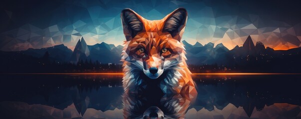 Canvas Print - Fox animal with bokeh dark sunset background, night nature panorama. Generative Ai.