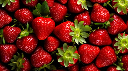 Wall Mural - Background top view of bright juicy strawberries with leaves.Generative AI