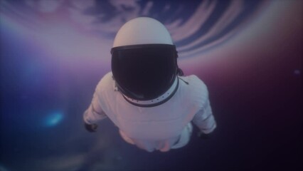 Wall Mural - space suit flying in through starfield. astronaut in space tunnel