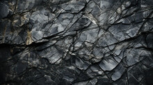 Black White Rock Texture. Dark Gray Stone Granite Background For Design. Rough Cracked Mountain Surface. Close-up. Crumbled