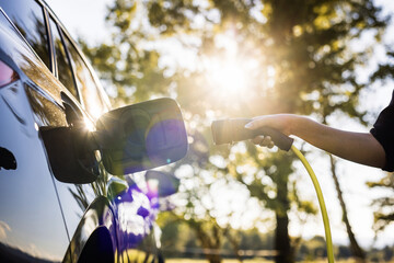 EV charging station for electric car in concept of green renewable energy and eco power produced from sustainable sources.