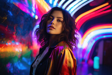 Woman Fashion Portrait On Abstract Colorful Background. Female Model Looking At Camera, Neon Colored Lighting. Created With Generative AI