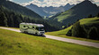 Big RV driving on Road in Mountains