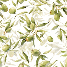 Olives Seamless Pattern Color Sketch Style Hand Drawn Background, Olive Branches With Leaves On White Background. Italian Food. Ai