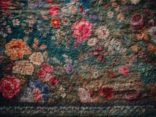 A Breathtaking Handstitched Quilt Displays A Mesmerizing Floral Pattern, Exquisitely Detailed And Vibrant. The Intricate Design Showcases The Fusion Of . Generated With AI.