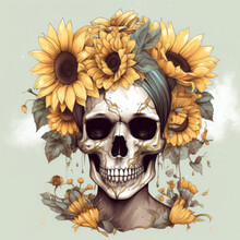 A Skull Adorned With Vibrant Sunflowers