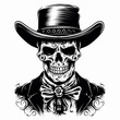 A skull wearing a cowboy hat and a bow tie