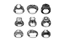 Vector Hand Drawn Illustration Set Of Different Jewelry Rings In Vintage Engraved Style.