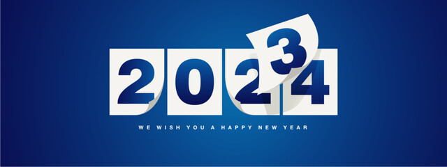 Wall Mural - Happy New Year 2024 greeting card design template on blue background. New Year 2024 start concept. Calendar pages turn in the wind and the new year begins