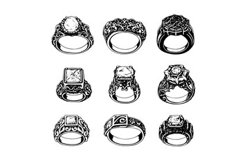 Vector hand drawn illustration set of different jewelry rings in vintage engraved style.