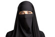 Portrait of a veiled islamic woman wearing black niqab isolated on transparent background (PNG)