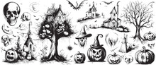 Sketch Of Halloween Elements On A White Background. Hand Drawn Vector Horror Set Of Halloween Doodle Sticker Sketch