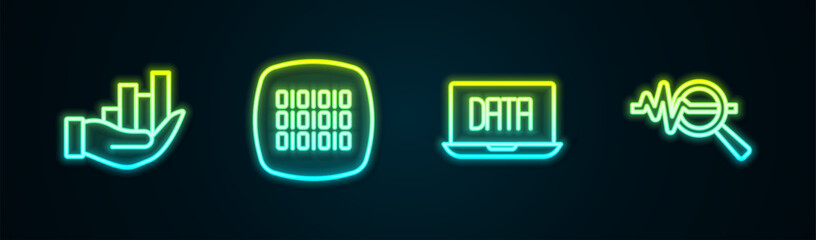 Set line Pie chart infographic, Binary code, Data analysis and Search data. Glowing neon icon. Vector