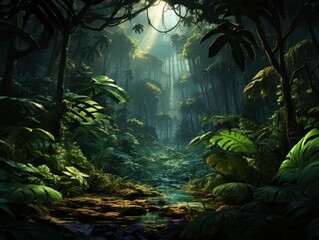 Canvas Print - Picture a digital painting, featuring detailed jungle leaves as gaming assets. The leaves are intricately designed, their vibrant green hues and textures captured in high - resolution 16k. The style s