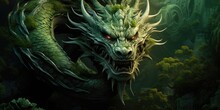Green Fantastic Dragon On A Dark Background. Generative AI