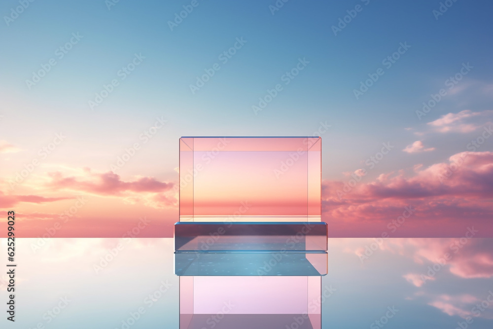 Transparent glass podium on crystal water surface in purple and yellow sunset with clouds sky background. Show case for cosmetic products, new product, promotion sale and presentation. Generative AI
