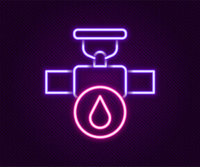 Sticker - Glowing neon line Industry metallic pipe and valve icon isolated on black background. Colorful outline concept. Vector