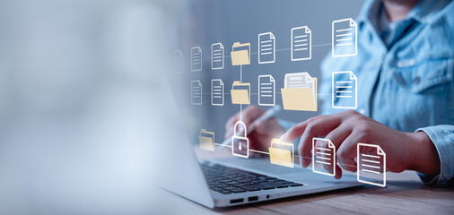 Document Management System concept. Digital asset management, Document imaging, Workflow, Enterprise content management, Records management, Online document file data software for efficient archiving.