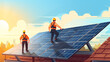Trabalhadores construindo sistema de painel solar no telhado da casa. Técnicos de homens em capacetes carregando módulo solar fotovoltaico ao ar livre. Conceito de energia alternativa e renovável