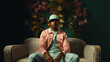 © Justin - African American man on floral background photoshoot wearing a hat on colorful background uplighting set lighting black man professional photography