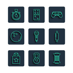 Wall Mural - Set line Paper shopping bag, Kettlebell, Sewing thread on spool, Gamepad, Microphone, Bowling ball, Stopwatch and Rolling icon. Vector