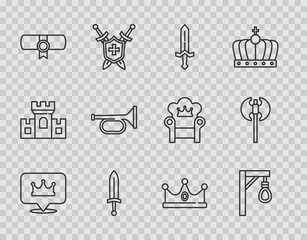 Poster - Set line Location king crown, Gallows, Medieval sword, Decree, parchment, scroll, Trumpet, King and axe icon. Vector