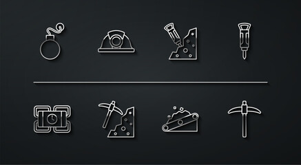 Sticker - Set line Bomb, Dynamite, Construction jackhammer, Conveyor belt carrying coal, Pickaxe, Miner helmet, and icon. Vector