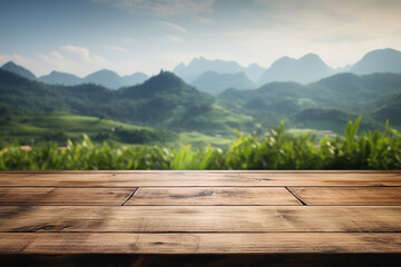 empty brown wooden floor or wood board top table with landscape nature mountain view in background, copy space for display of product or object presentation, Generative AI