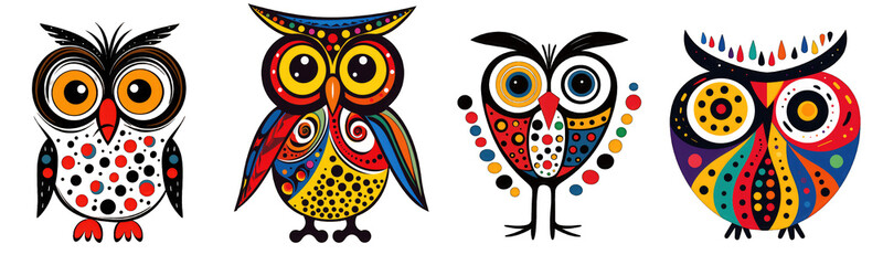 Wall Mural - Collection of colorful owls on transparent background for t-shirt print design and various uses