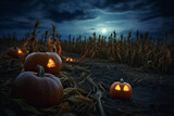 Fototapeta  - Halloween pumpkins Devil on dry rice straw in Horrow Halloween night. Generative AI.