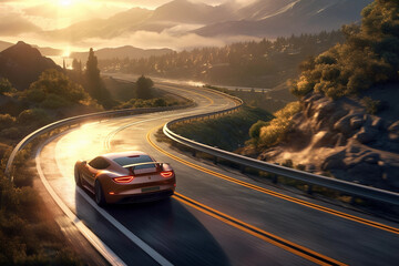 Wall Mural - A sports car drives down a long winding road