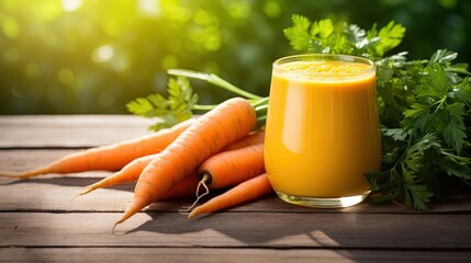 Poster -  carrots and a glass of carrot juice on a table.  generative ai