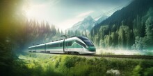 Train On The Railway In The Montains, Modern Electric Train Amidst A Breathtaking European Landscape, Embracing Green Energy Inspiration