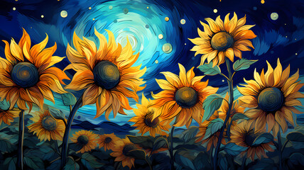 Wall Mural - hand drawn cartoon sunflower illustration under the starry sky
