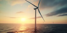 Wind Turbine At Sunset, Offshore Windpark In The Sunddown, Sunset, European Coastline, Embracing Green Energy Inspiration