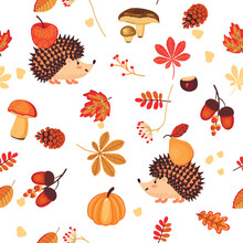 Autumn Seasonal Background With Hedgehogs And Mushrooms.Seamless Pattern With Pine Cones, Acorns And Falling Leaves.Organic Colorful Print With Cartoon Animals And Fruits.Vector Illustration On White.