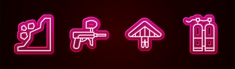 Wall Mural - Set line Landslide, Paintball gun, Hang glider and Aqualung. Glowing neon icon. Vector