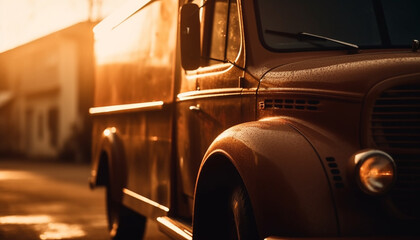 Wall Mural - Sunlit city life trucks, buses, vintage cars, and urgency generated by AI