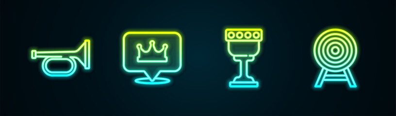 Canvas Print - Set line Trumpet, Location king crown, Medieval goblet and Target with arrow. Glowing neon icon. Vector