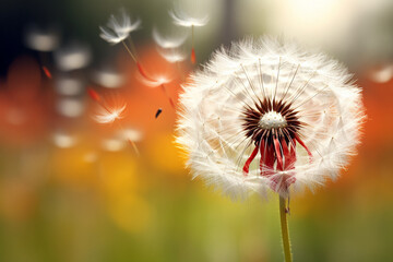 Dandelion seeds blowing in the wind across a summer field background, conceptual image meaning change, growth, movement and direction. High quality photo