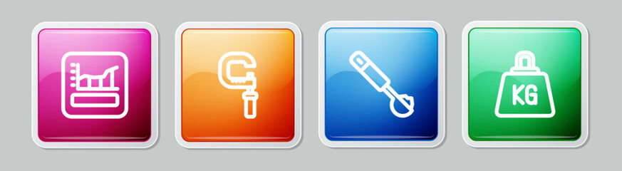 Sticker - Set line Graph, schedule, chart, diagram, Micrometer, Measuring spoon and Weight. Colorful square button. Vector