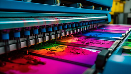 Poster - Modern textile industry uses automated machinery for multi colored variation generated by AI