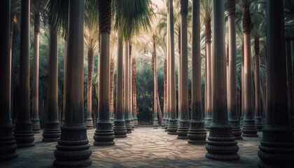 Canvas Print - Tranquil scene of a tropical forest with palm trees and vanishing point generated by AI