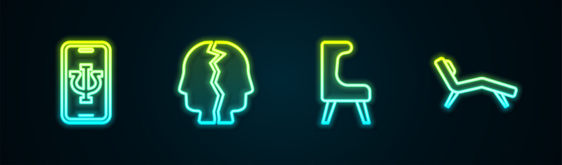 Wall Mural - Set line Psychologist online, Bipolar disorder, Armchair and . Glowing neon icon. Vector