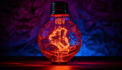 Poster - Glowing electric lamp illuminates old fashioned glass bottle on antique table generated by AI