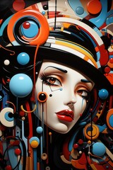 Wall Mural - A painting of a woman's face with a hat on. Generative AI.