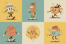 Set Of Retro Cartoon Funny Food And Drink Characters. Coffee Cup, Cappuccino, Latte, Ice Cream, Donut Mascot. Vintage Dessert For Cafeteria Vector Illustration. Nostalgia